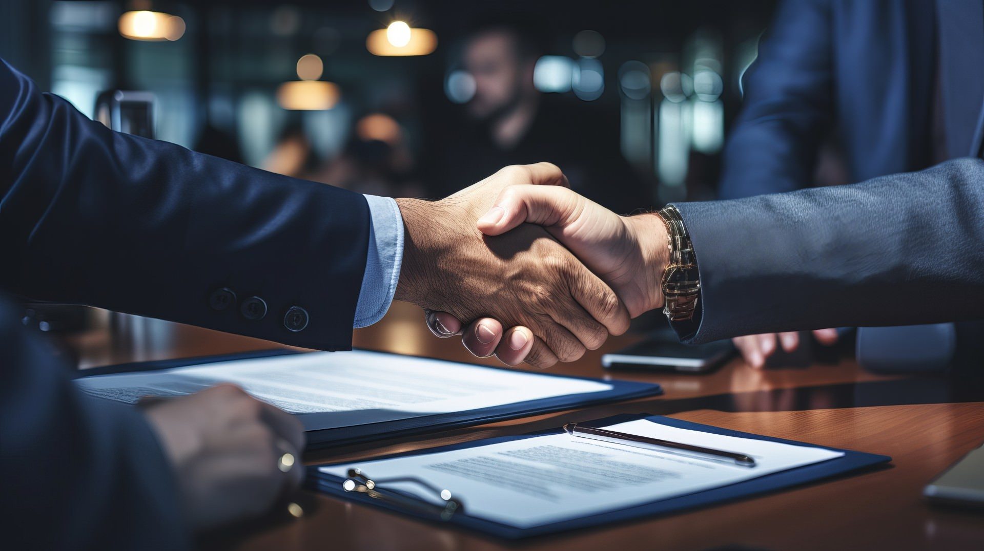 Business partners shaking hands over completed agreements after a San Diego closing